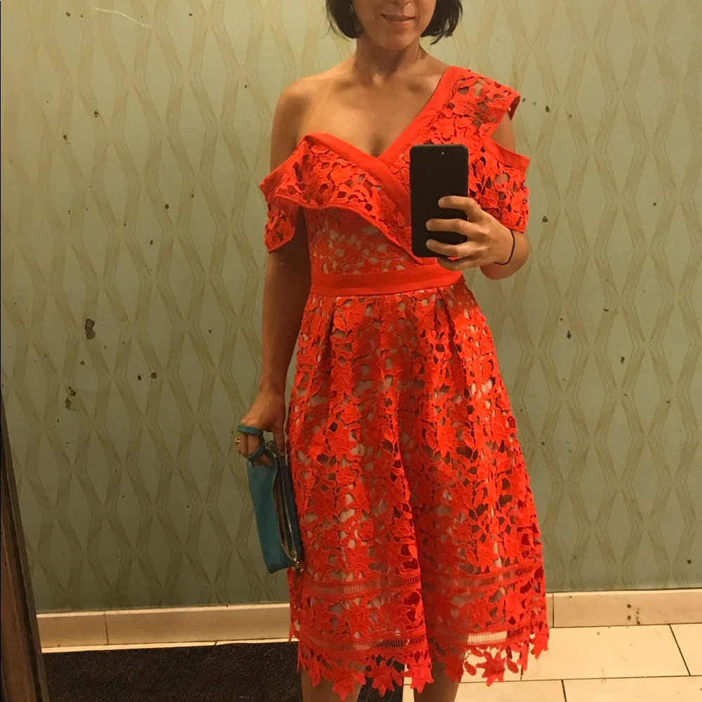 Fall Wedding Guest! One/Off Shoulder, Orange/Nude